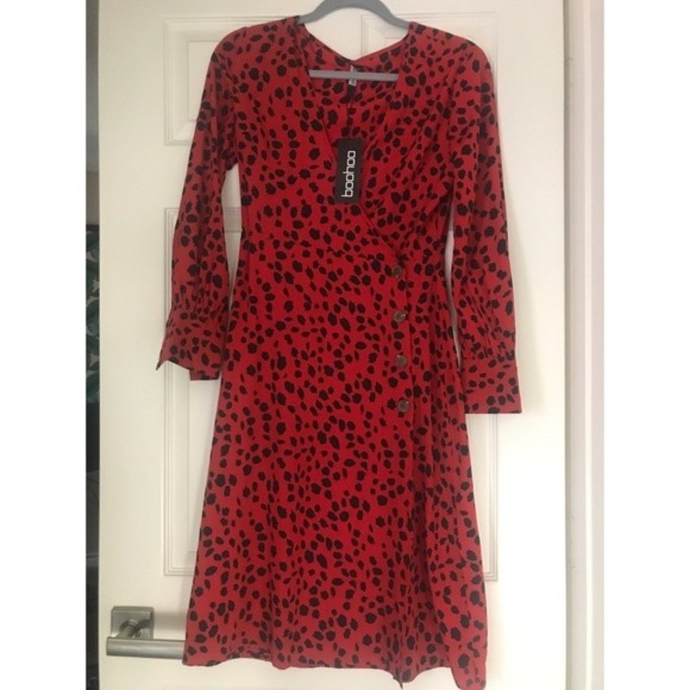 Petite Red Dalmatian Print Button Midi Dress - image 6